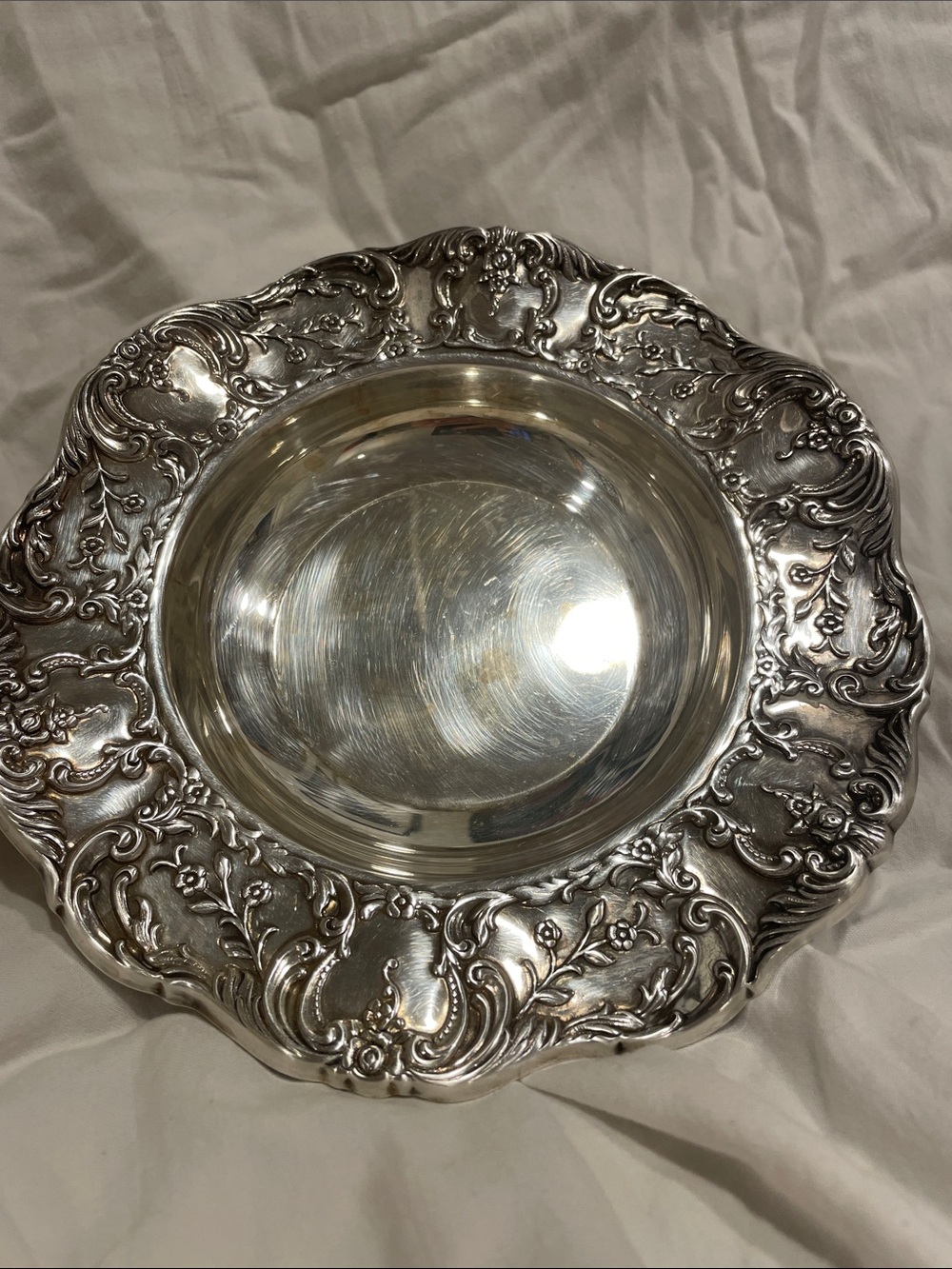 Wallace Ornate Silver Decorative Serving Bowl with Floral Scroll Rim